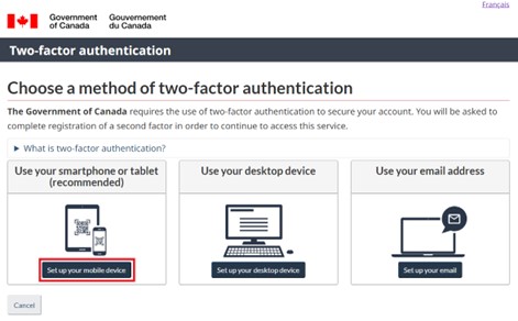 There are 3 methods you can chose from: smartphone or tablet (recommended), desktop device, or email address.